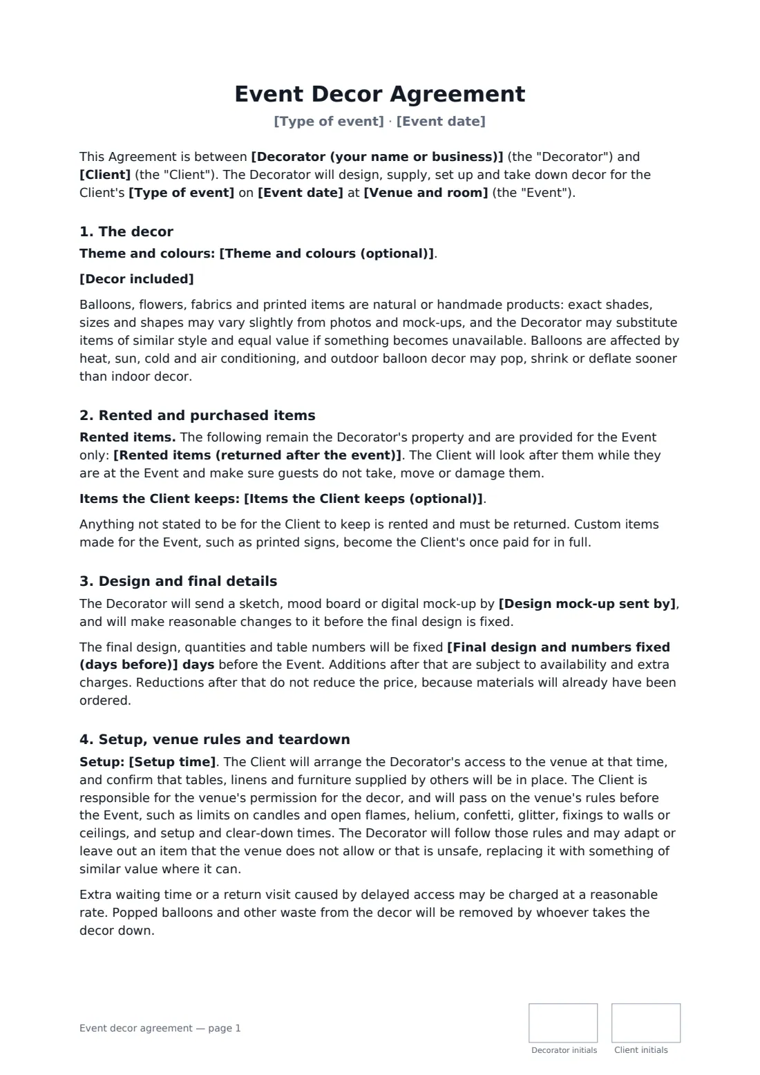 Event decor agreement — page 1 of 3