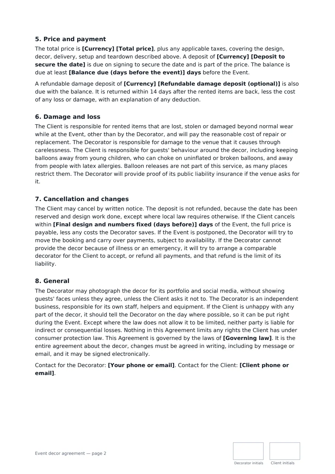 Event decor agreement — page 2 of 3