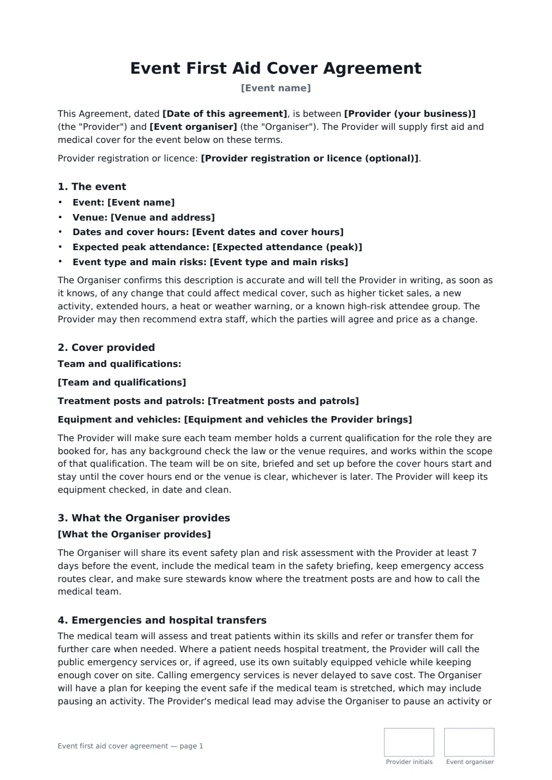 Event first aid cover agreement — page 1 of 3