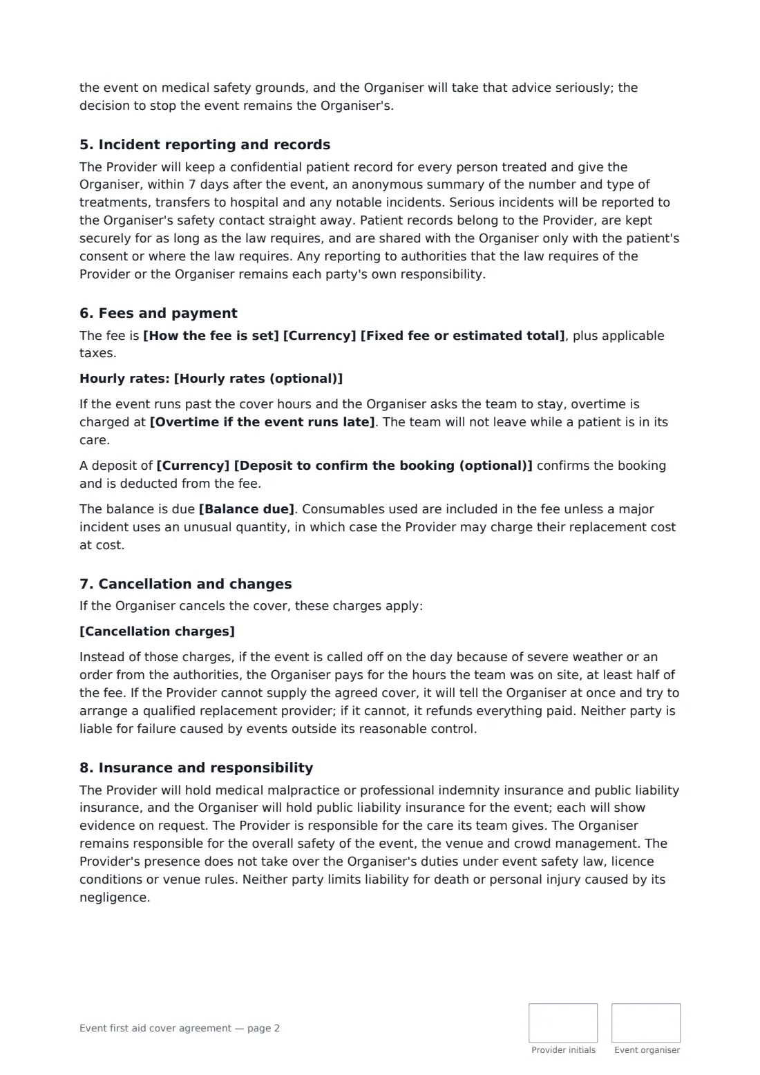Event first aid cover agreement — page 2 of 3