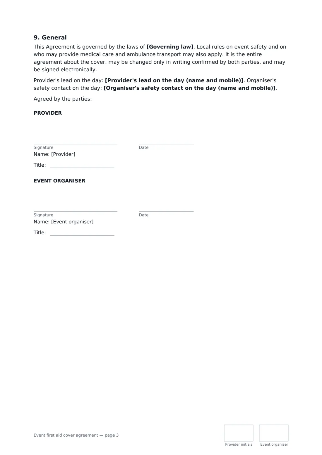 Event first aid cover agreement — page 3 of 3