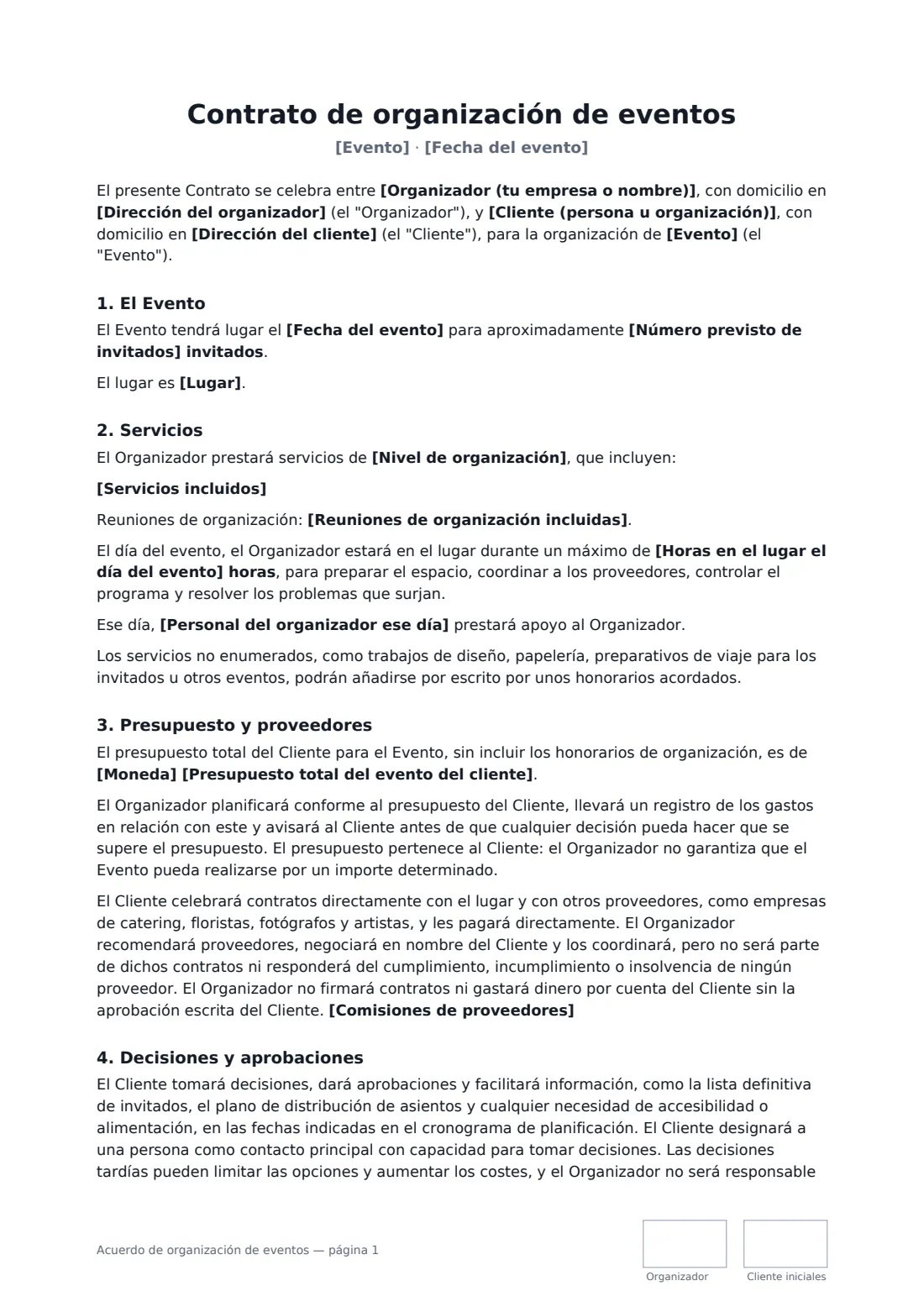 Acuerdo de organización de eventos: página 1 de 3