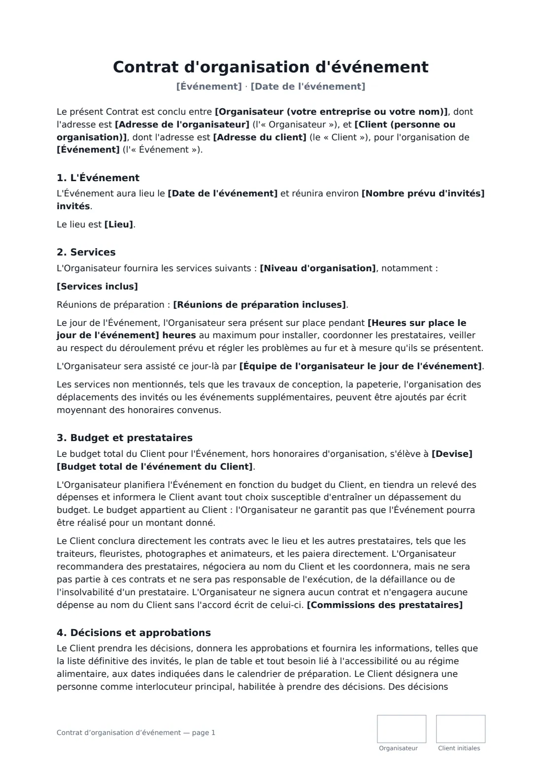 Contrat d’organisation d’événement — page 1 sur 3