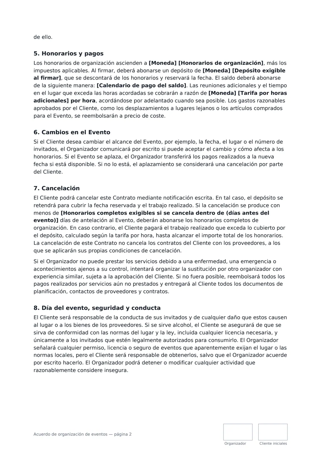 Acuerdo de organización de eventos: página 2 de 3