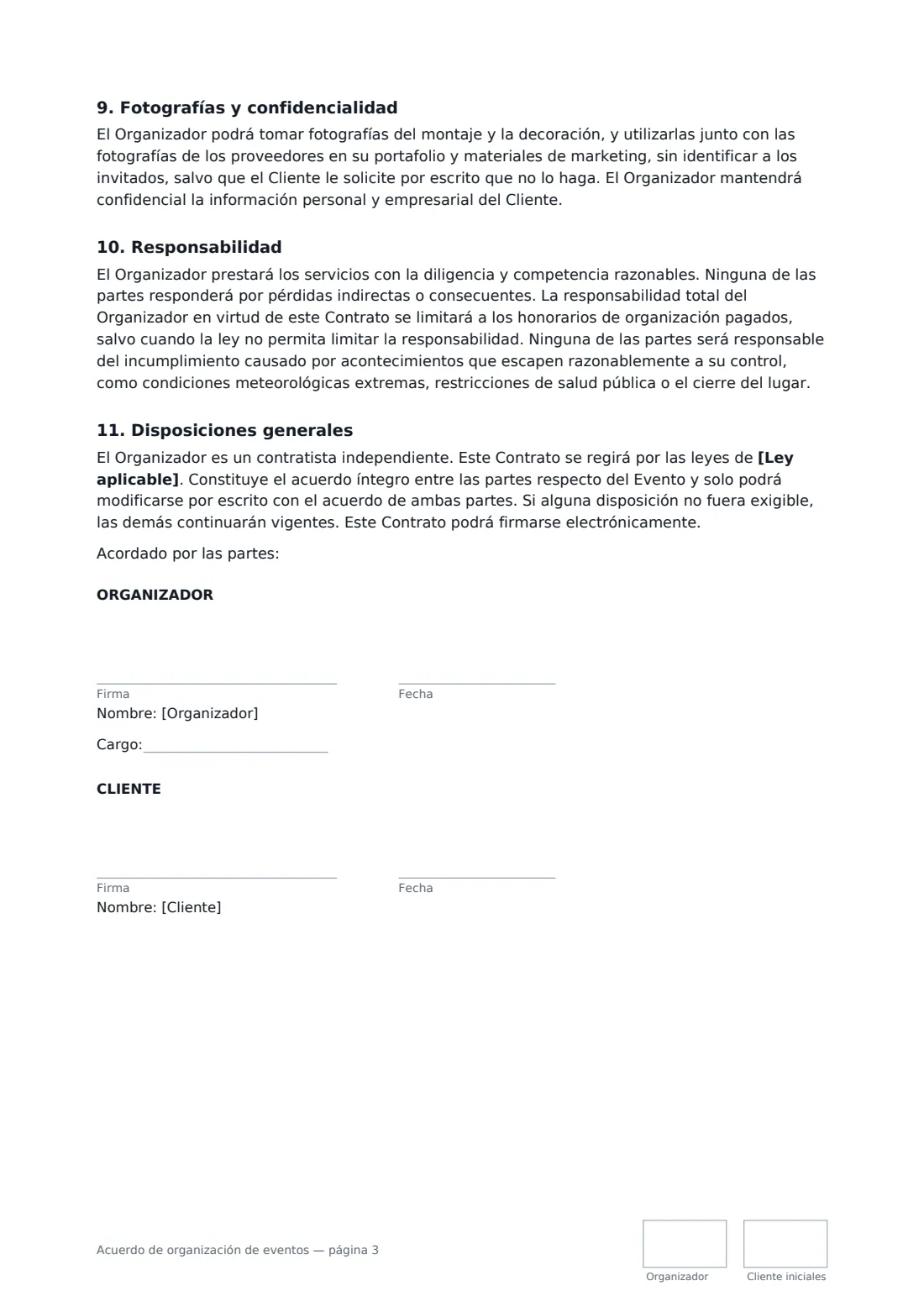 Acuerdo de organización de eventos: página 3 de 3