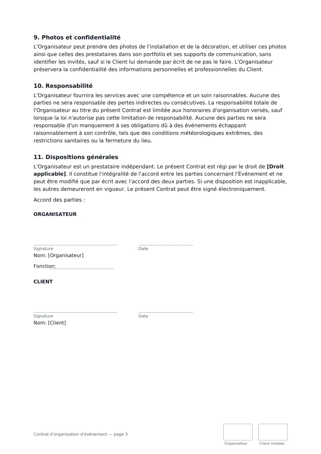 Contrat d’organisation d’événement — page 3 sur 3