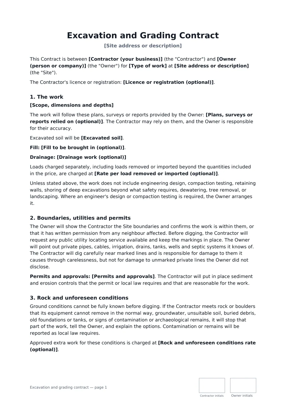 Excavation and grading contract — page 1 of 3