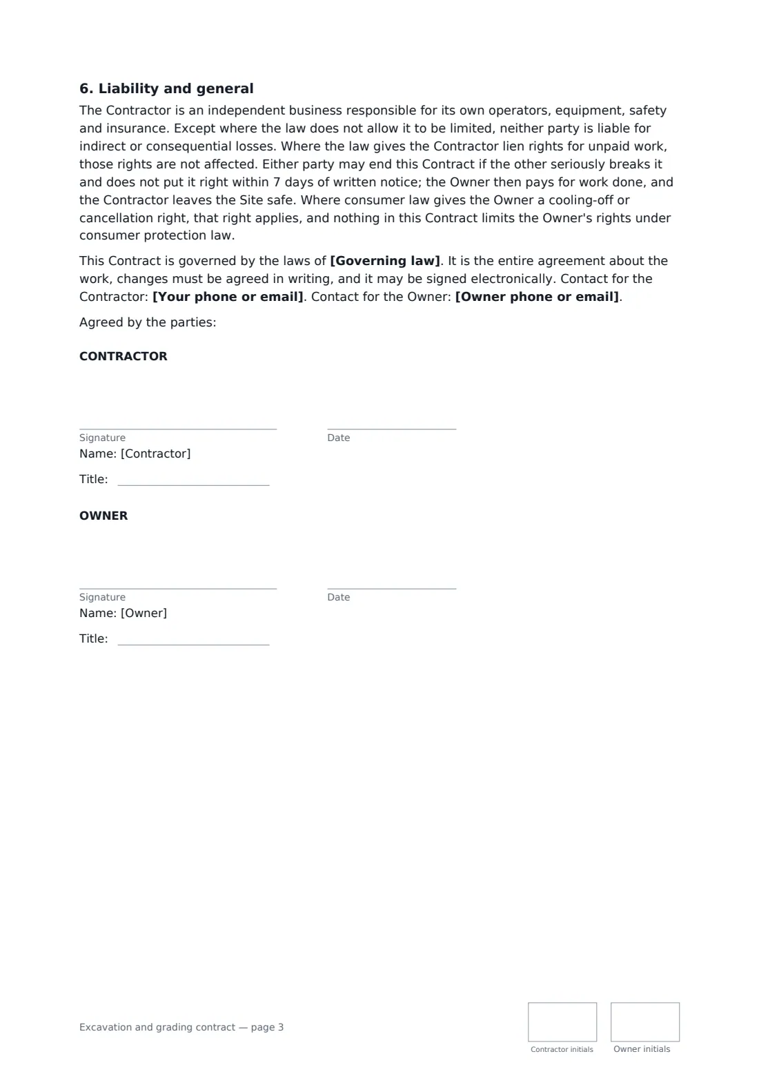 Excavation and grading contract — page 3 of 3