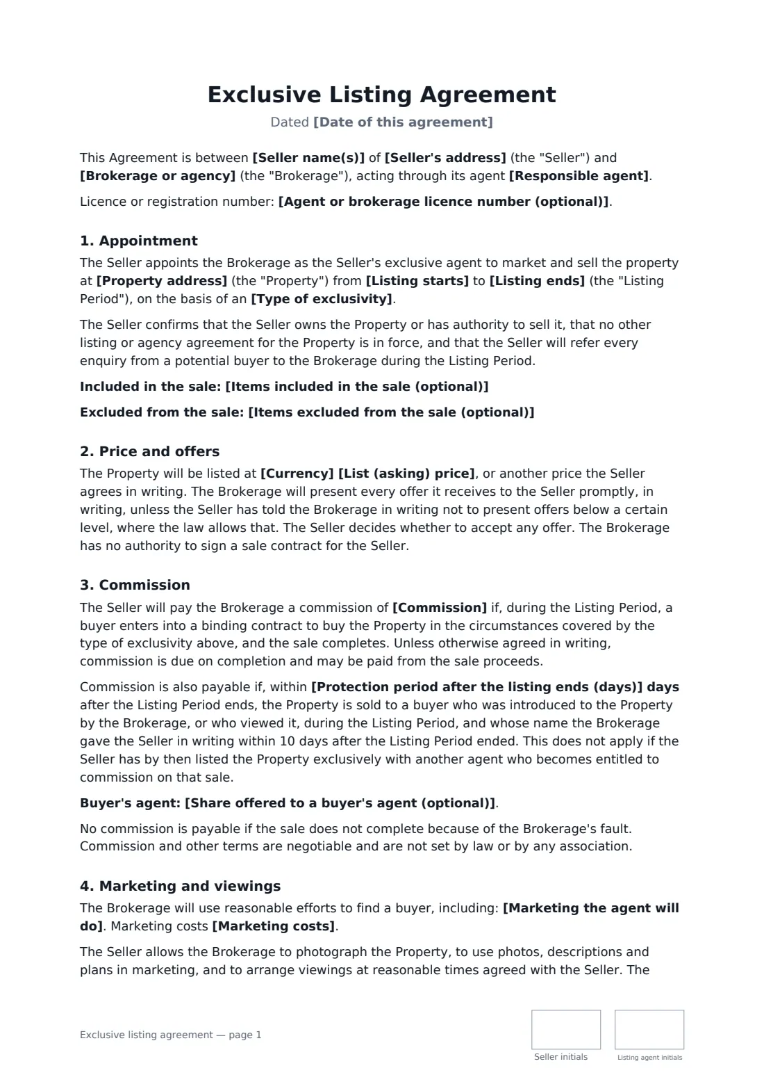 Exclusive listing agreement — page 1 of 3