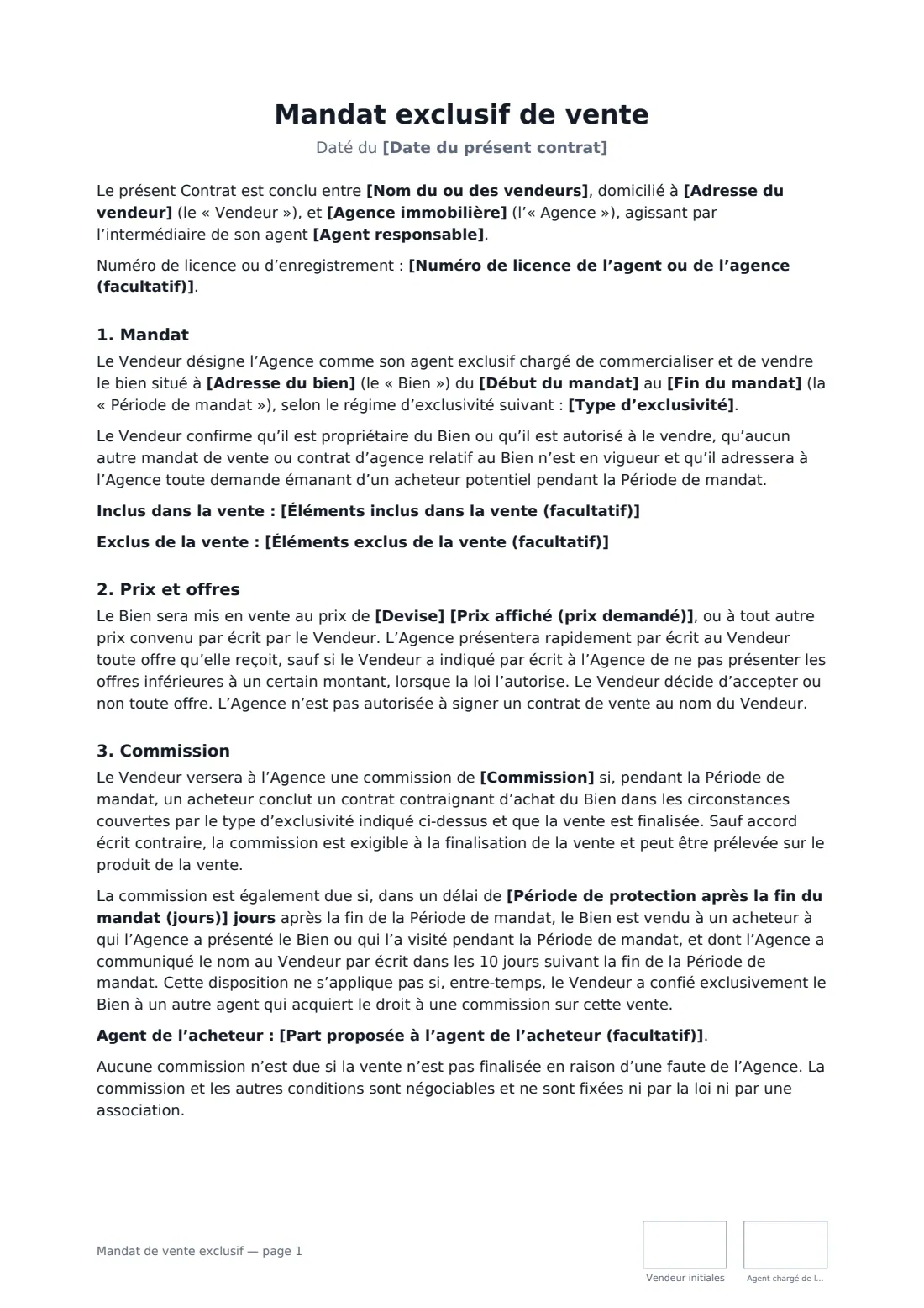 Mandat de vente exclusif — page 1 sur 3