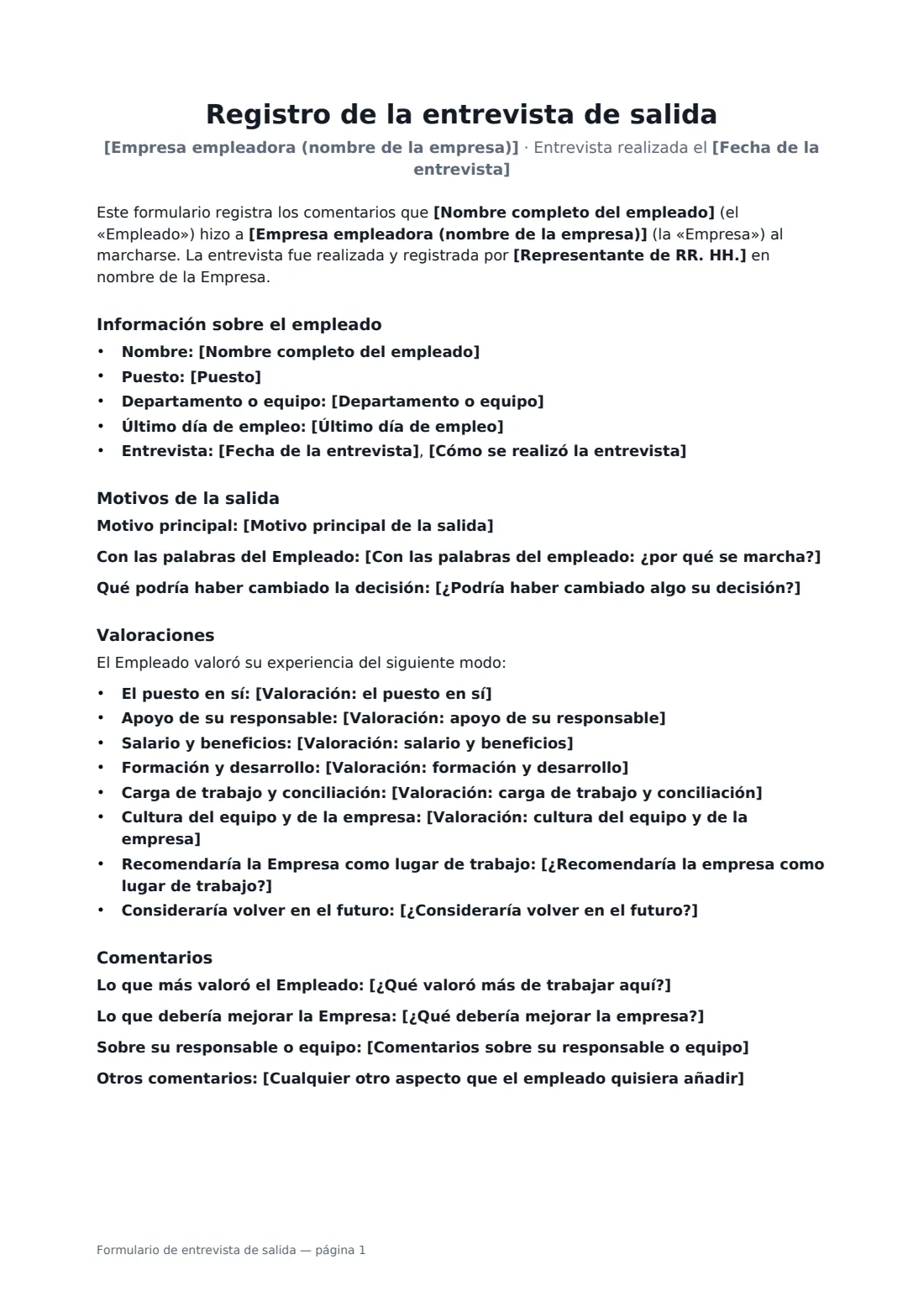 Formulario de entrevista de salida: página 1 de 2