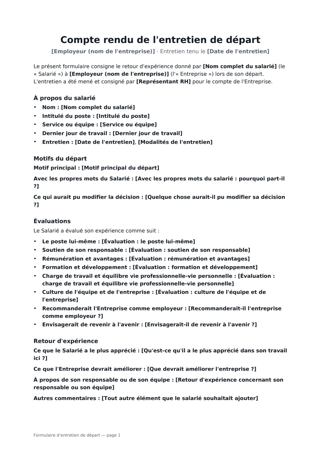Formulaire d’entretien de départ — page 1 sur 2
