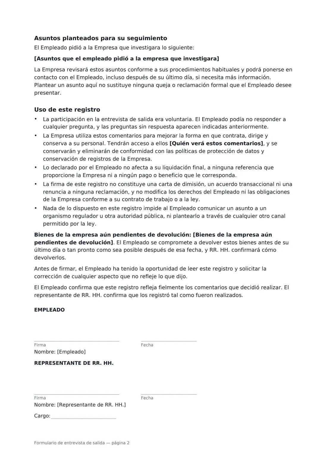 Formulario de entrevista de salida: página 2 de 2