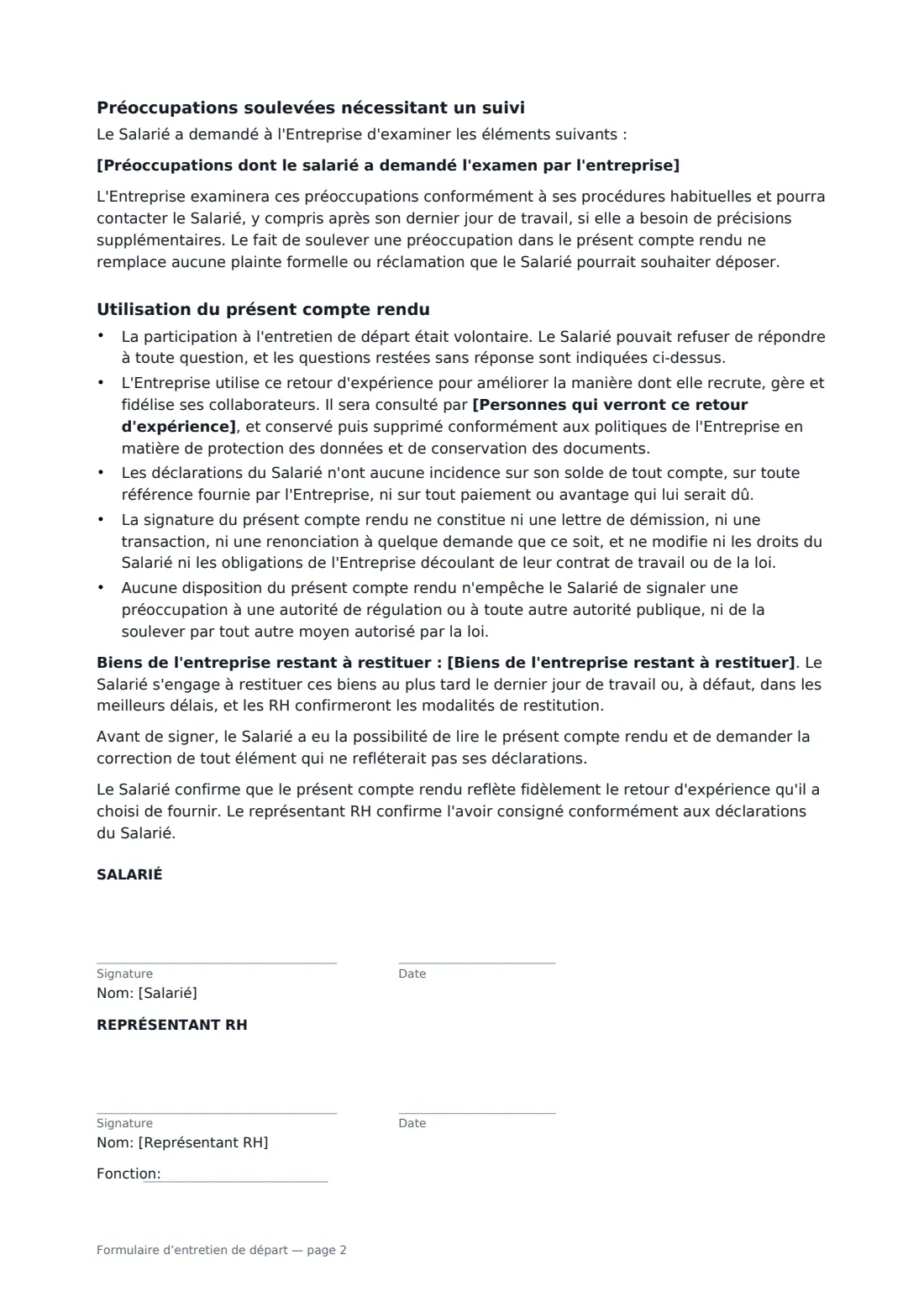Formulaire d’entretien de départ — page 2 sur 2