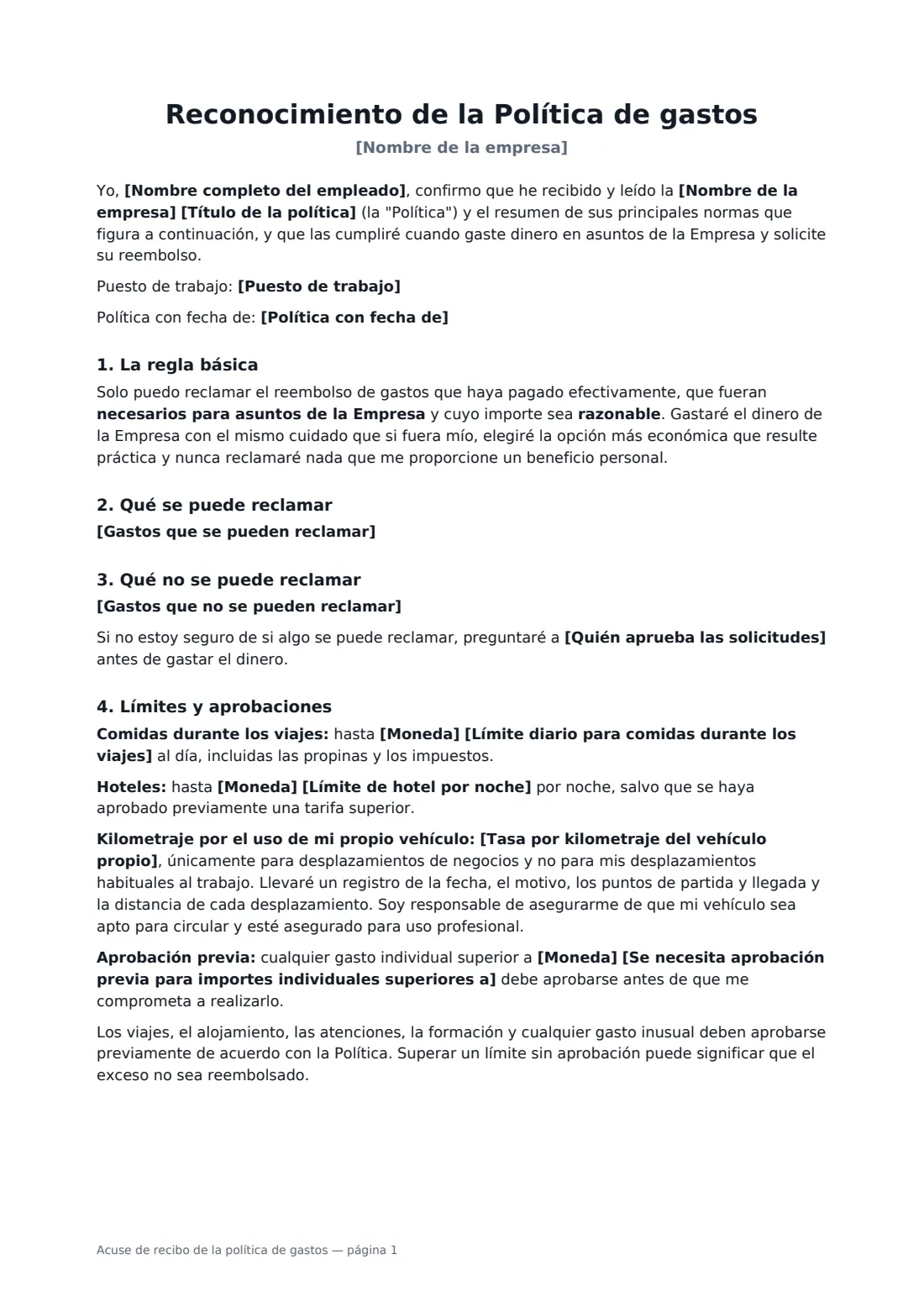 Acuse de recibo de la política de gastos: página 1 de 3