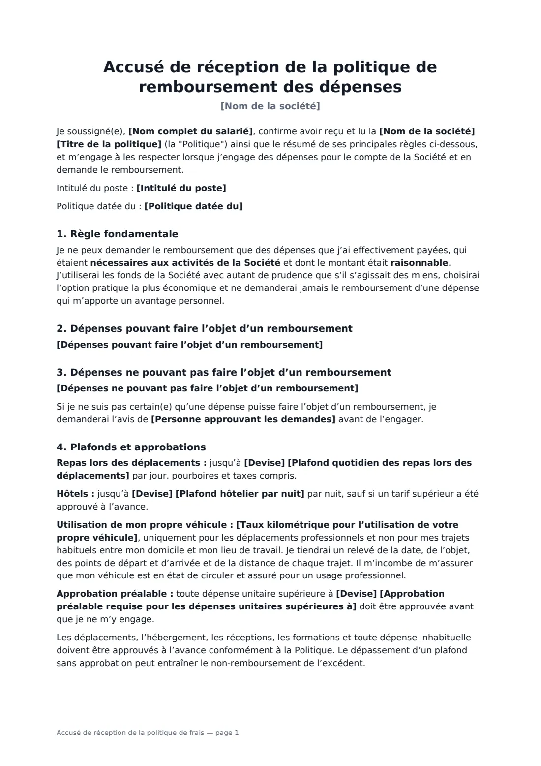 Accusé de réception de la politique de frais — page 1 sur 3