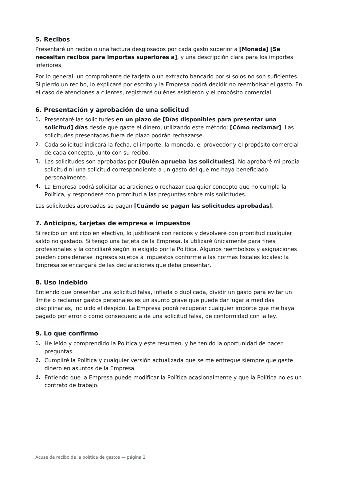 Acuse de recibo de la política de gastos: página 2 de 3