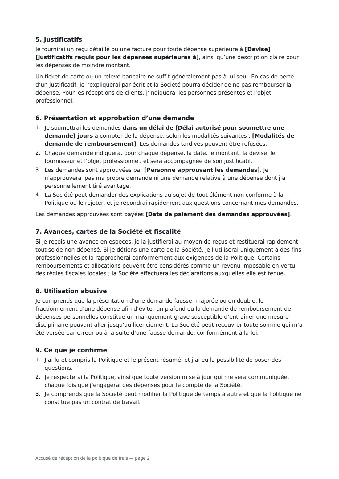 Accusé de réception de la politique de frais — page 2 sur 3