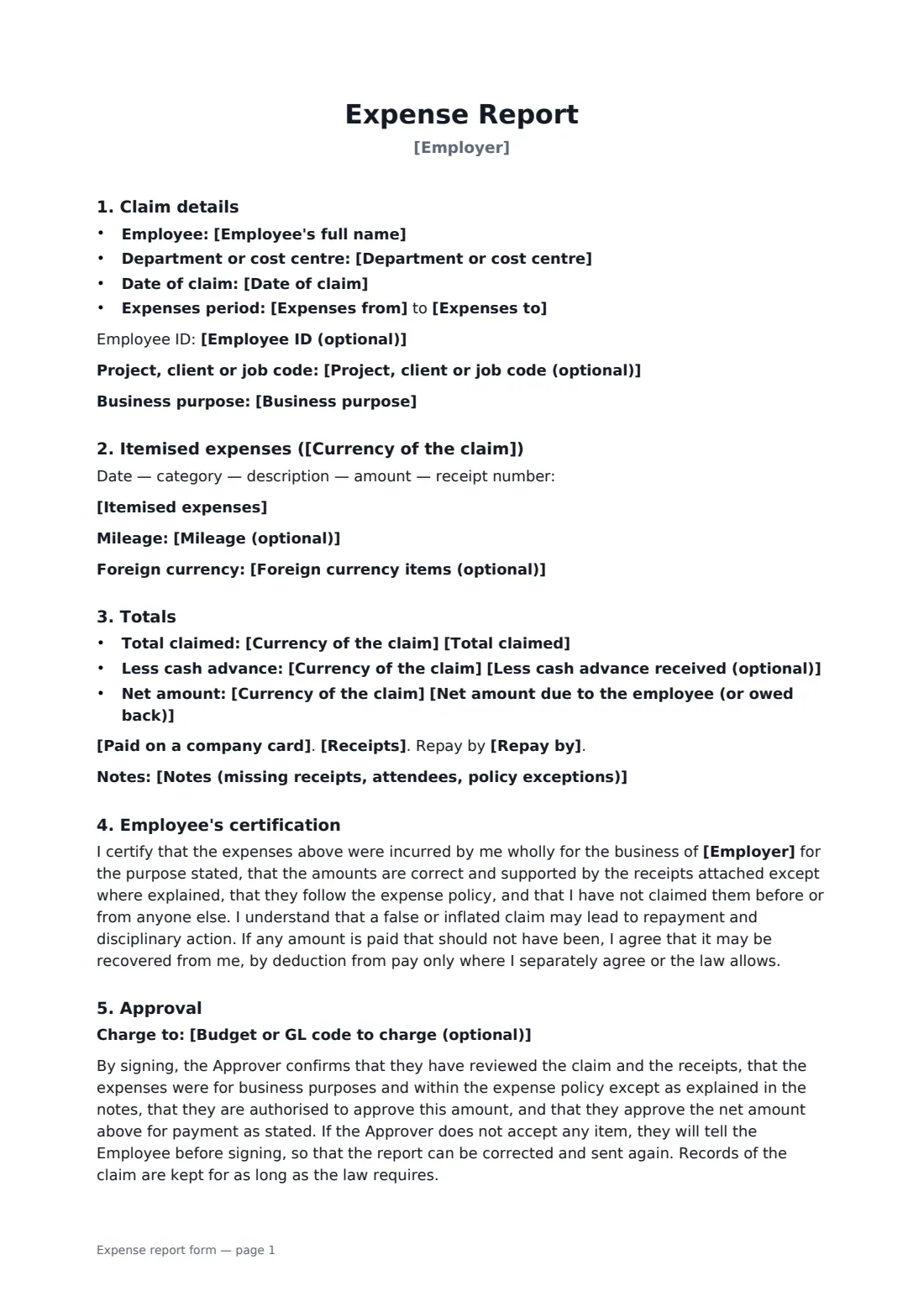 Expense report form — page 1 of 2
