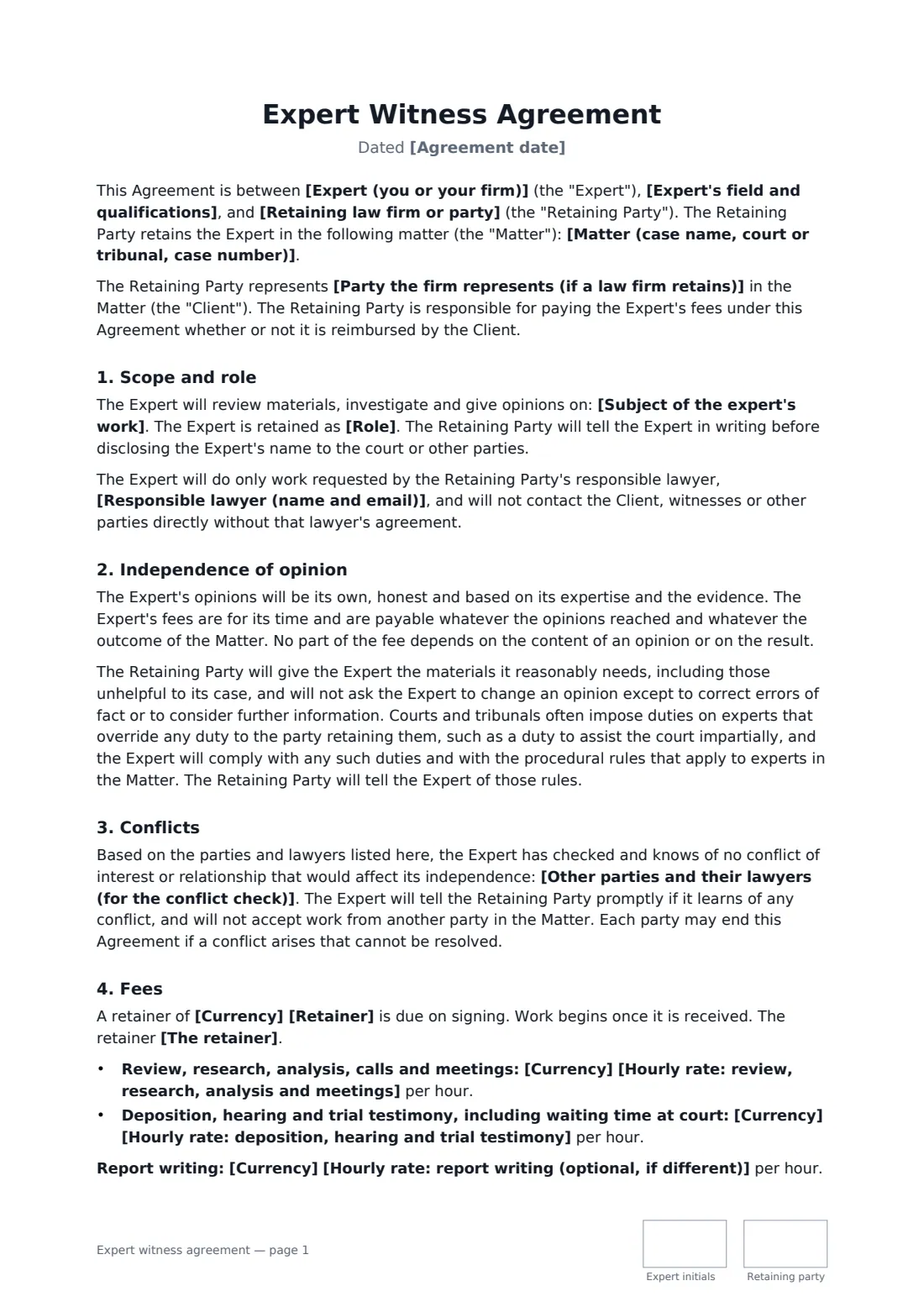 Expert witness agreement — page 1 of 3
