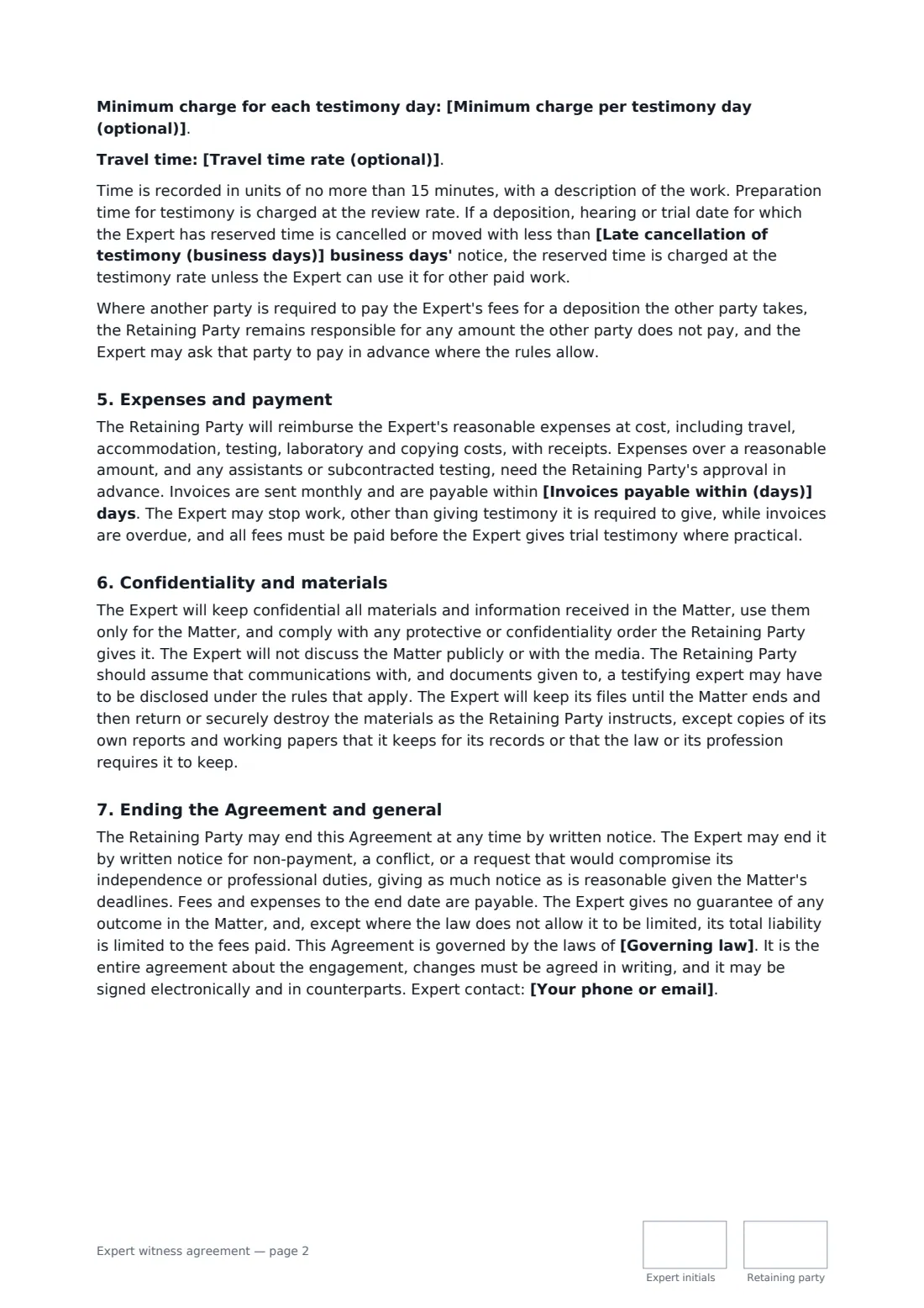 Expert witness agreement — page 2 of 3