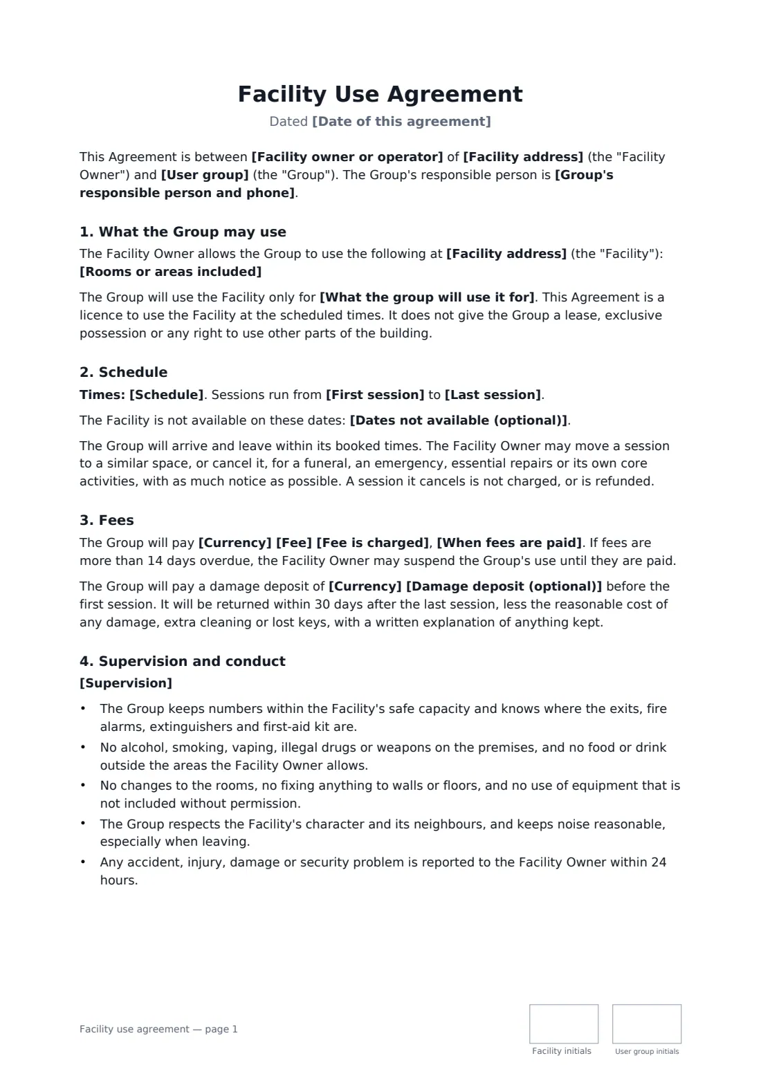 Facility use agreement — page 1 of 2