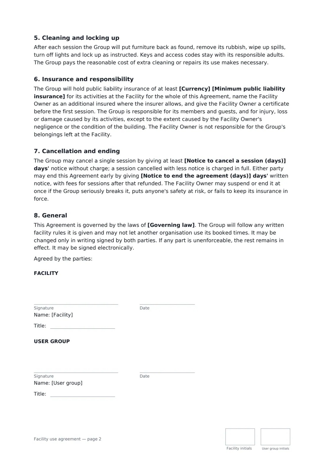 Facility use agreement — page 2 of 2