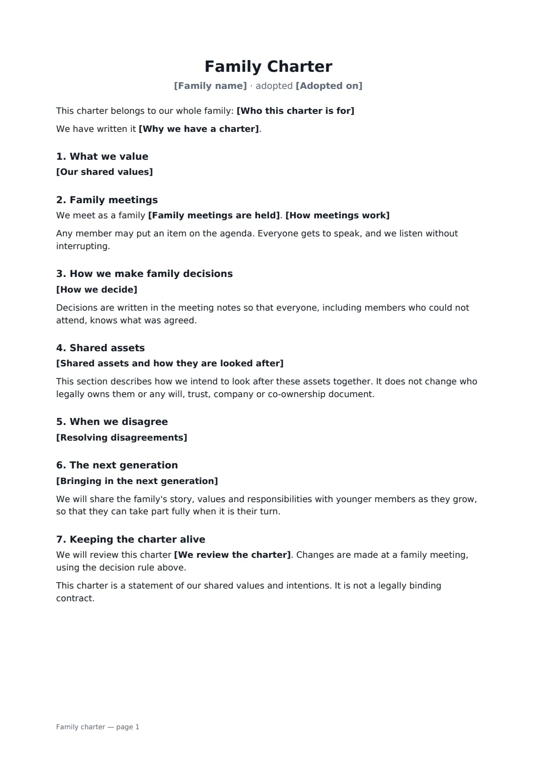 Family charter — page 1 of 2