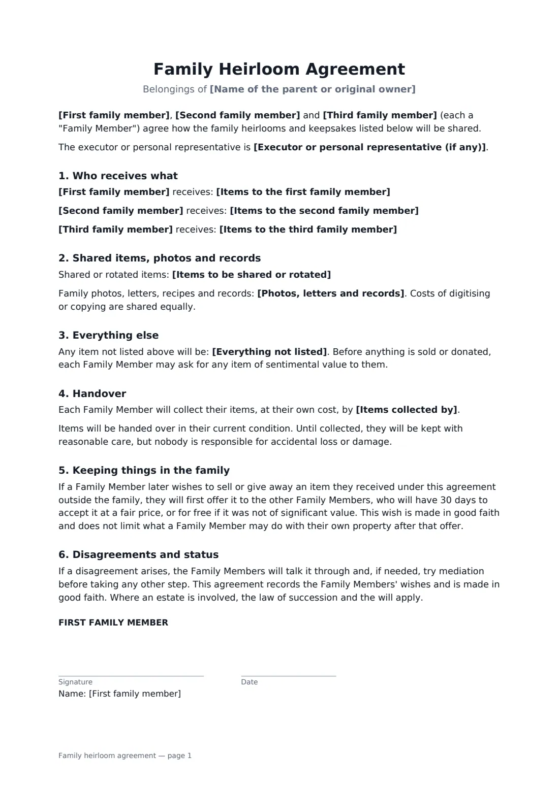 Family heirloom agreement — page 1 of 2