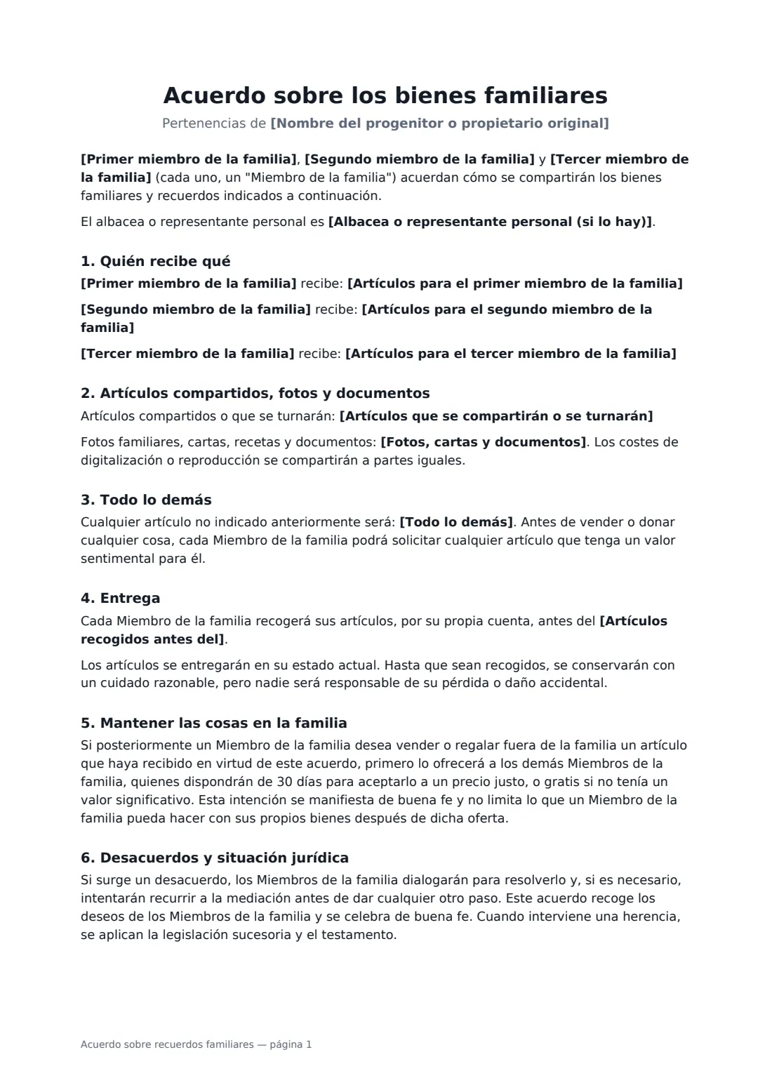 Acuerdo sobre recuerdos familiares: página 1 de 2