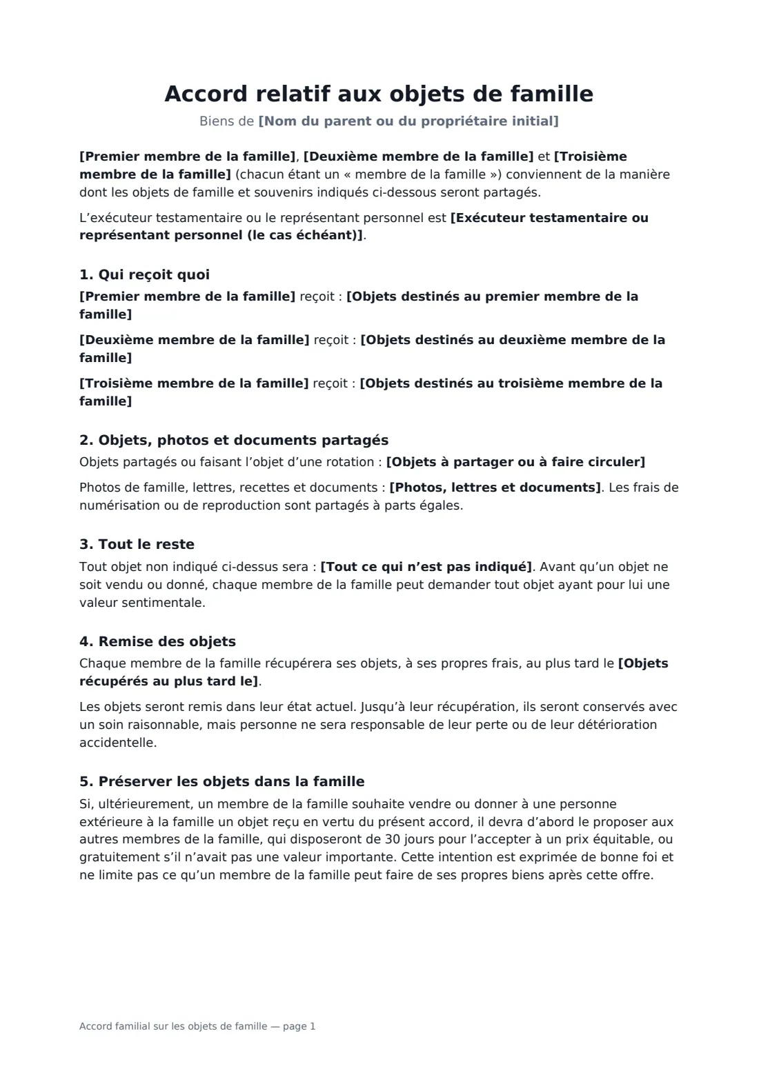 Accord familial sur les objets de famille — page 1 sur 2