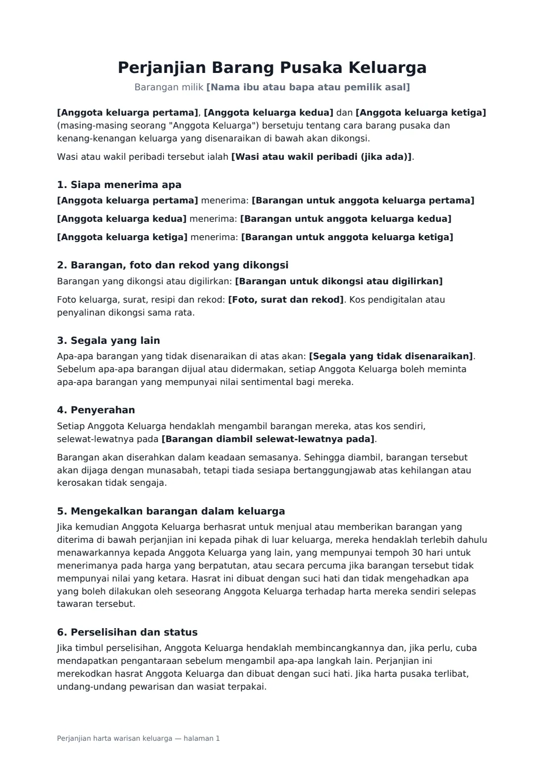 Perjanjian harta warisan keluarga — halaman 1 daripada 2
