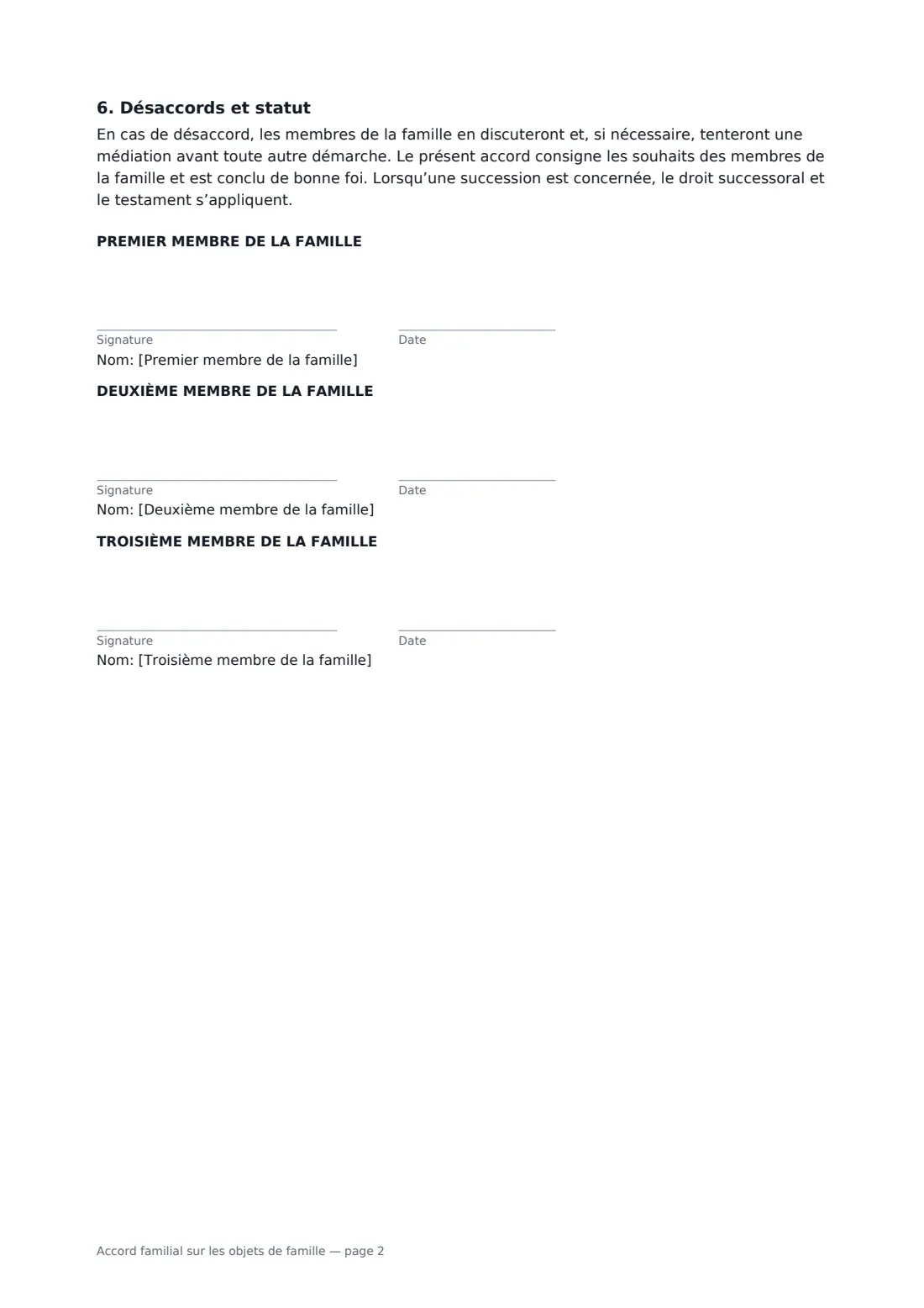 Accord familial sur les objets de famille — page 2 sur 2