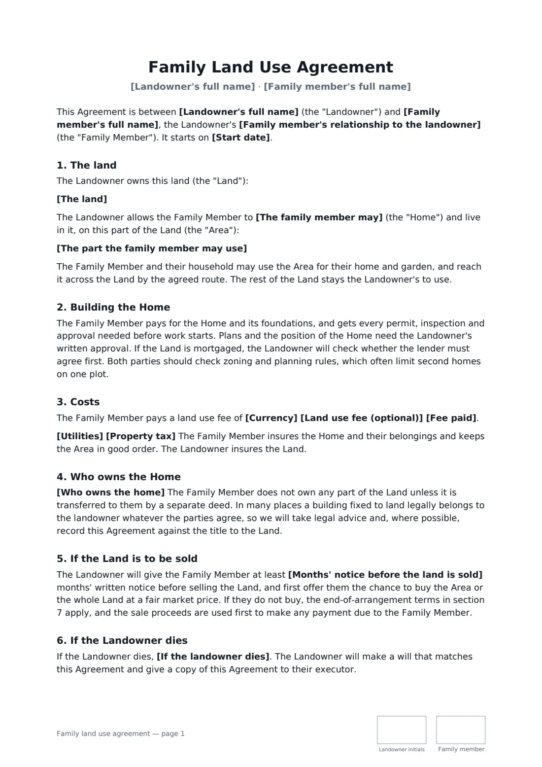 Family land use agreement — page 1 of 2