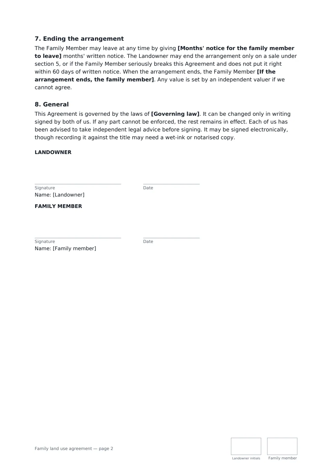 Family land use agreement — page 2 of 2