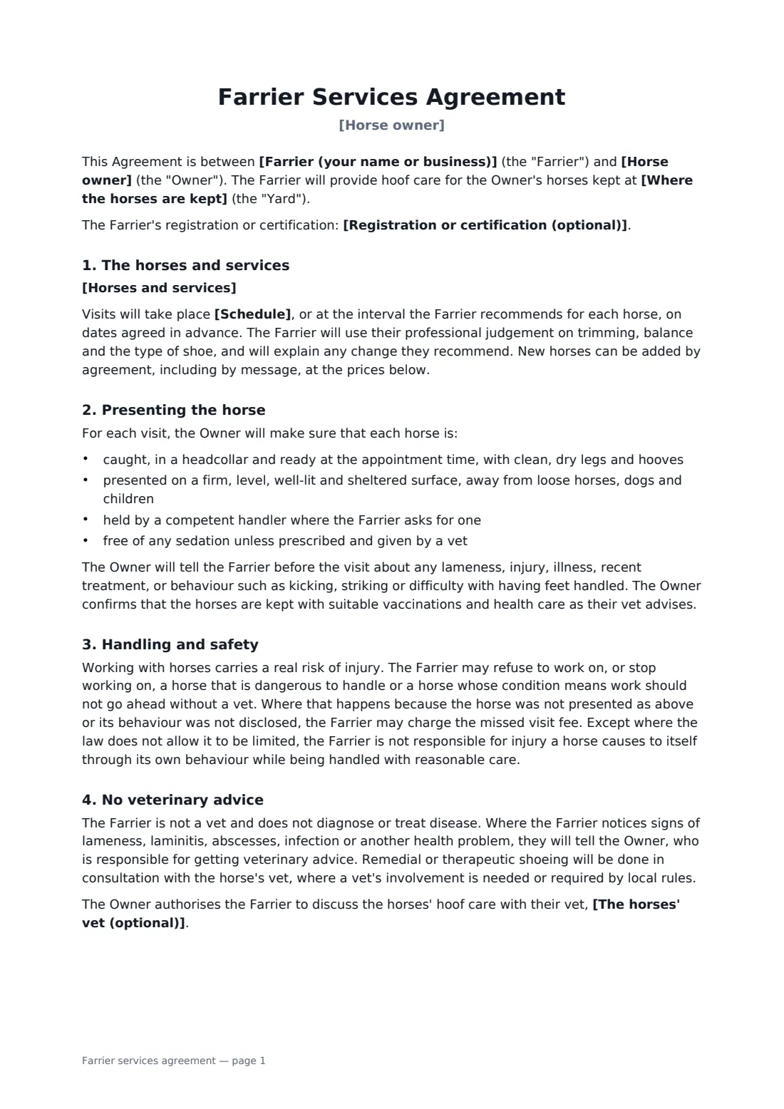 Farrier services agreement — page 1 of 2