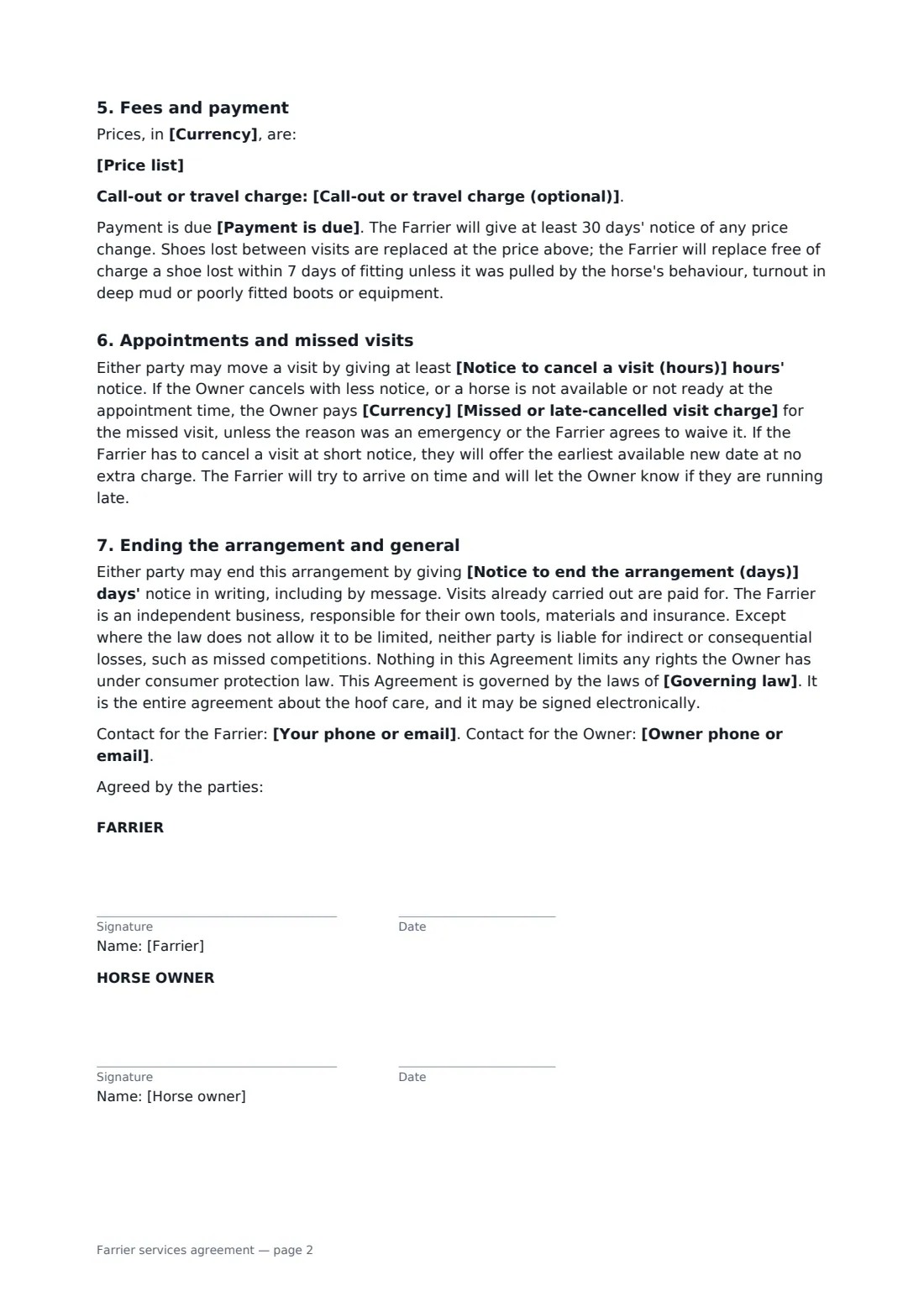 Farrier services agreement — page 2 of 2