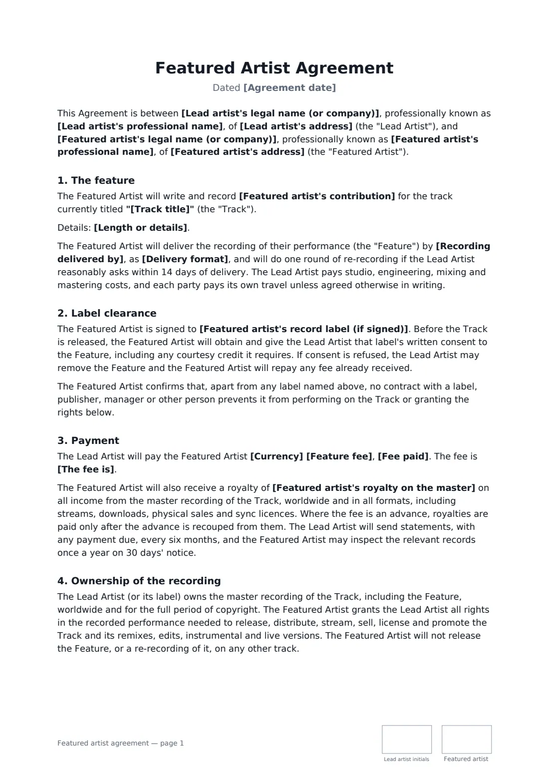 Featured artist agreement — page 1 of 3