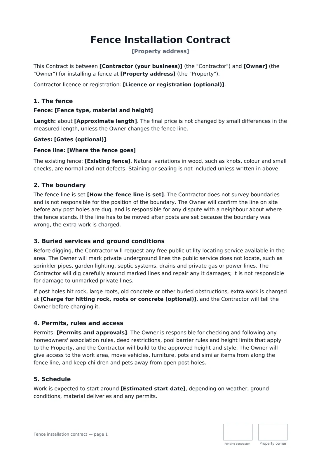 Fence installation contract — page 1 of 3
