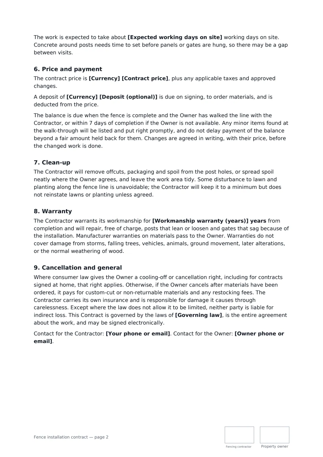 Fence installation contract — page 2 of 3