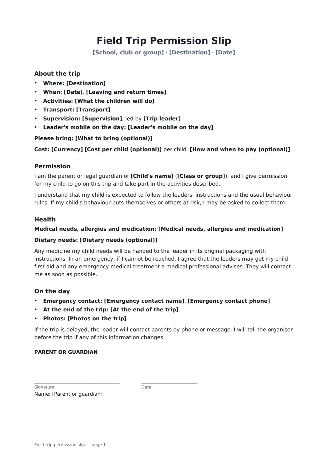 Field trip permission slip — page 1 of 1
