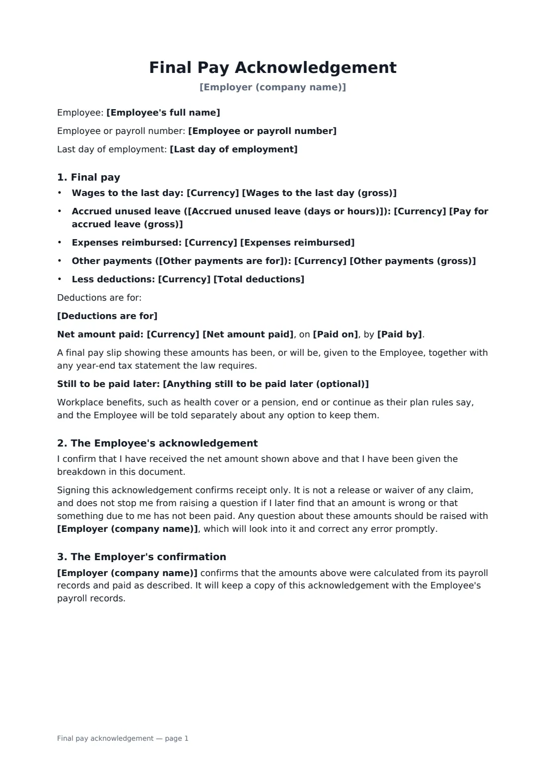 Final pay acknowledgement — page 1 of 2