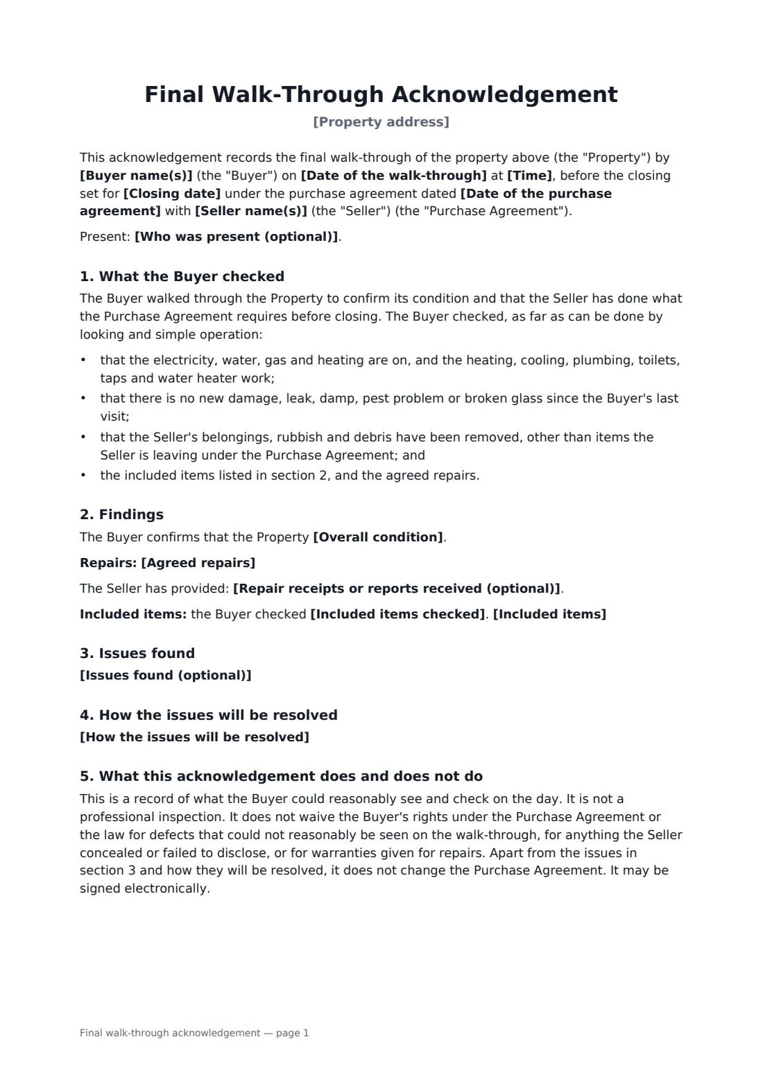 Final walk-through acknowledgement — page 1 of 2