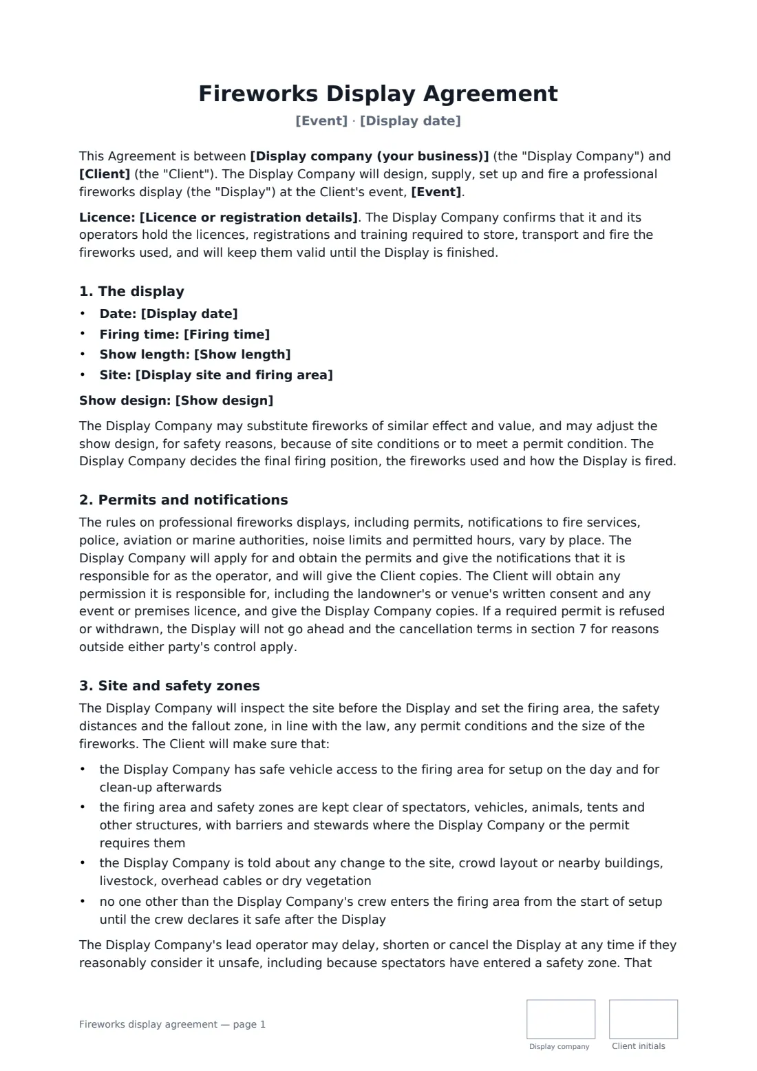 Fireworks display agreement — page 1 of 3