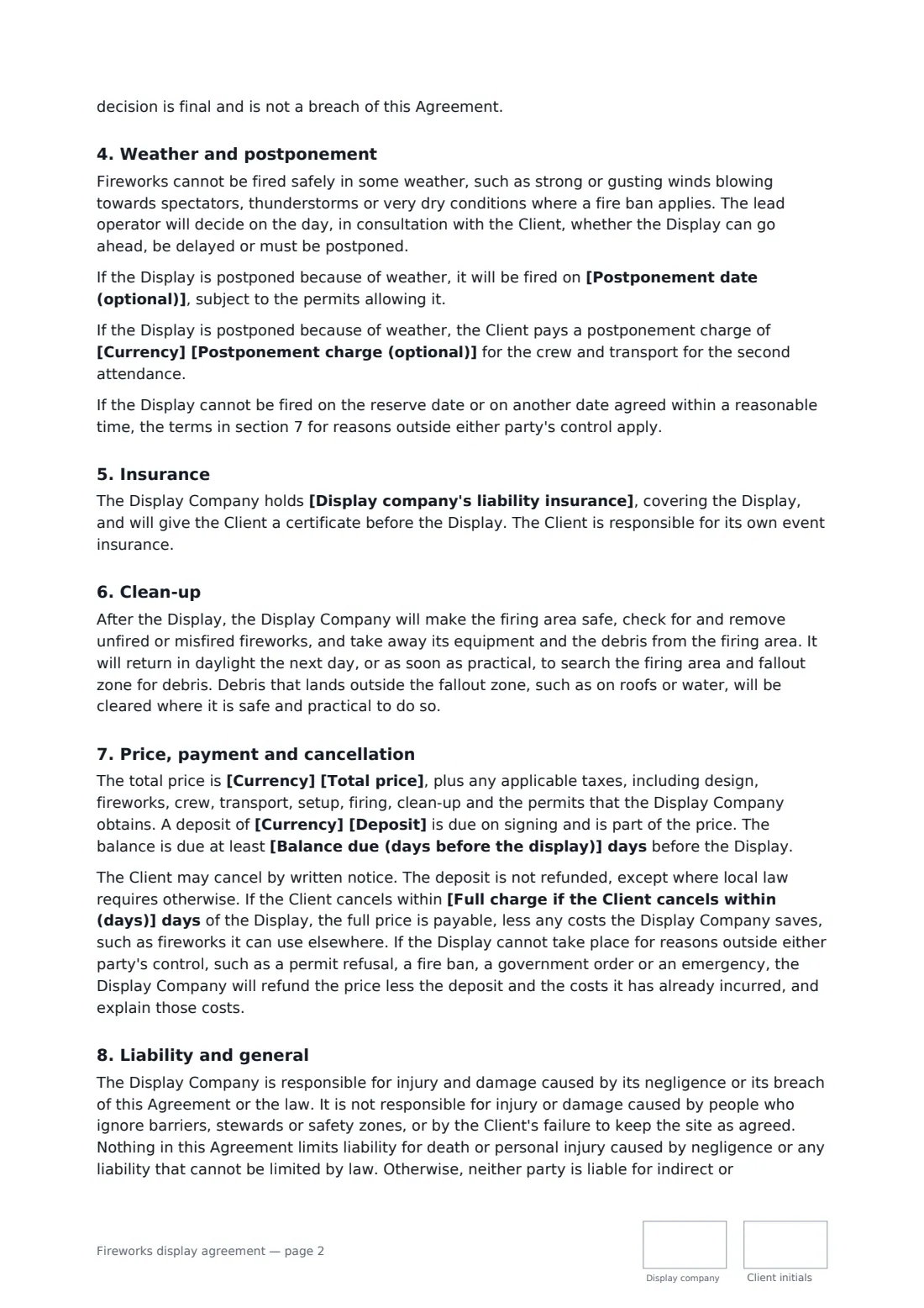 Fireworks display agreement — page 2 of 3