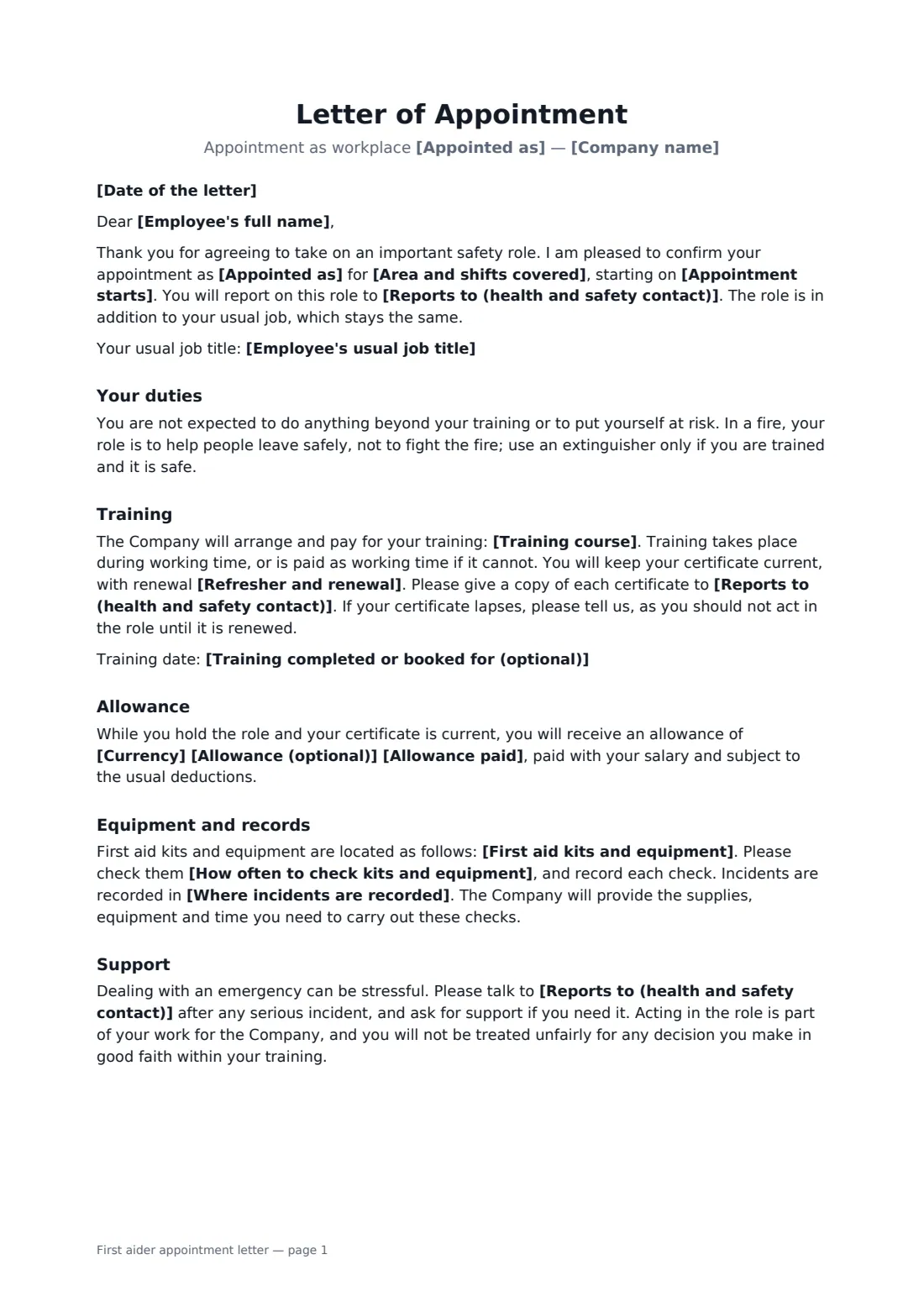 First aider appointment letter — page 1 of 2