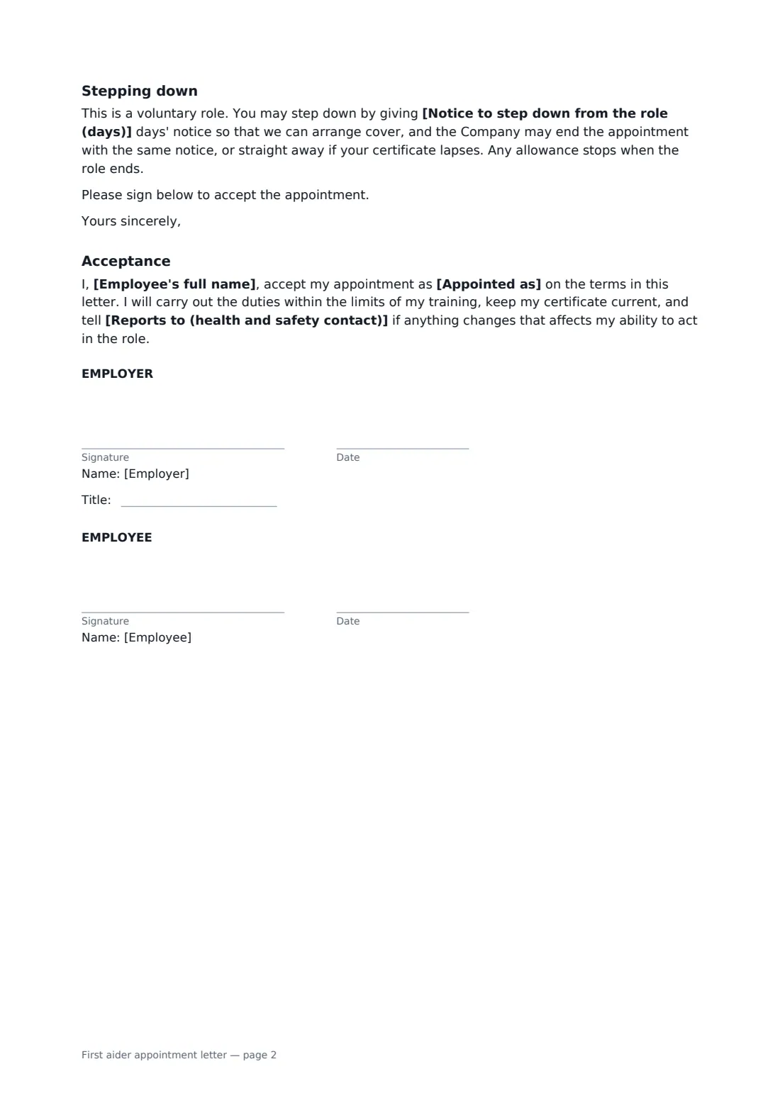 First aider appointment letter — page 2 of 2