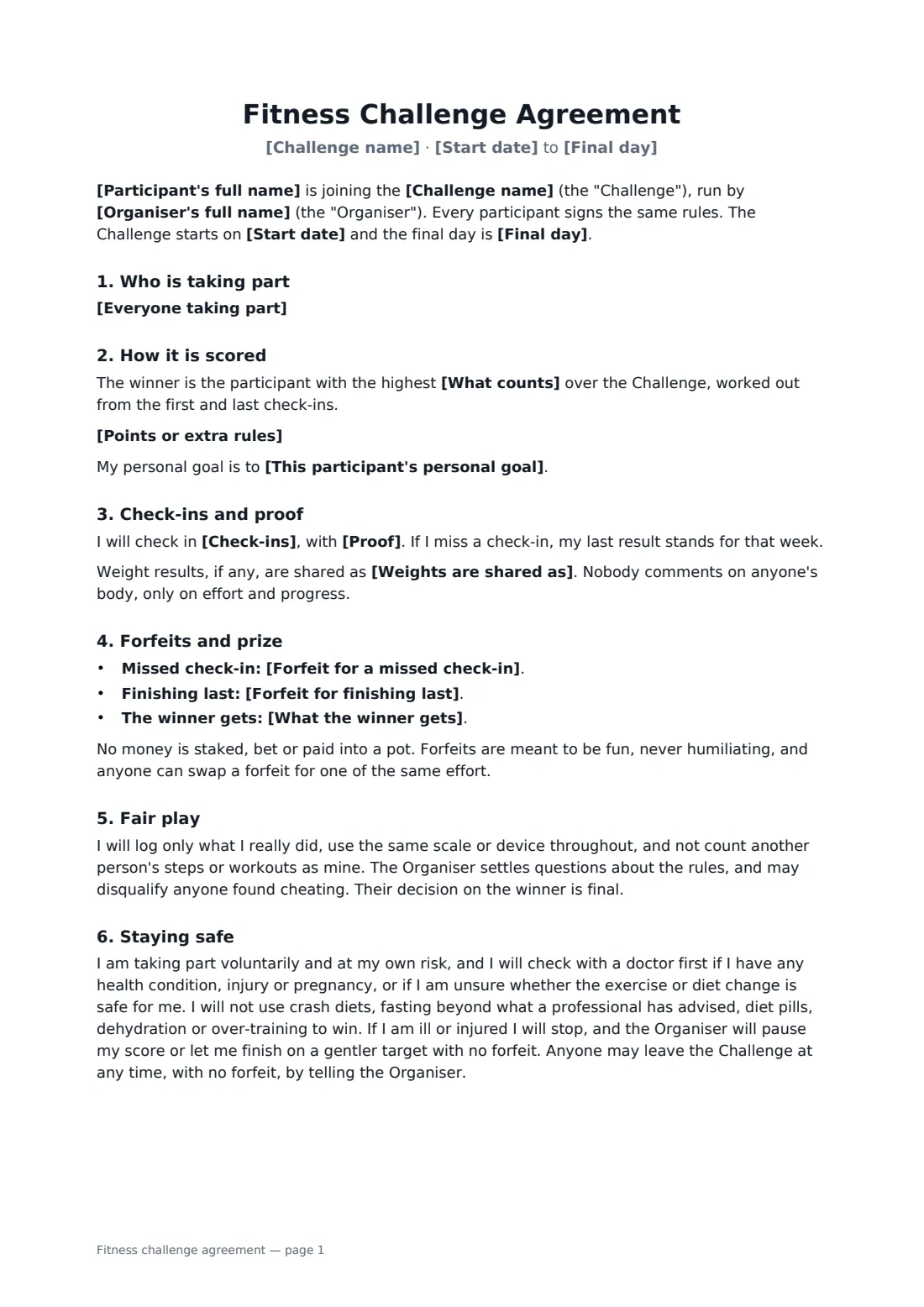 Fitness challenge agreement — page 1 of 2