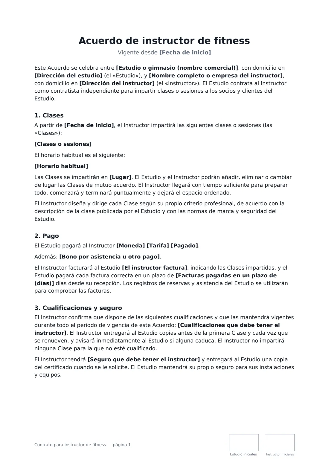 Contrato para instructor de fitness: página 1 de 3
