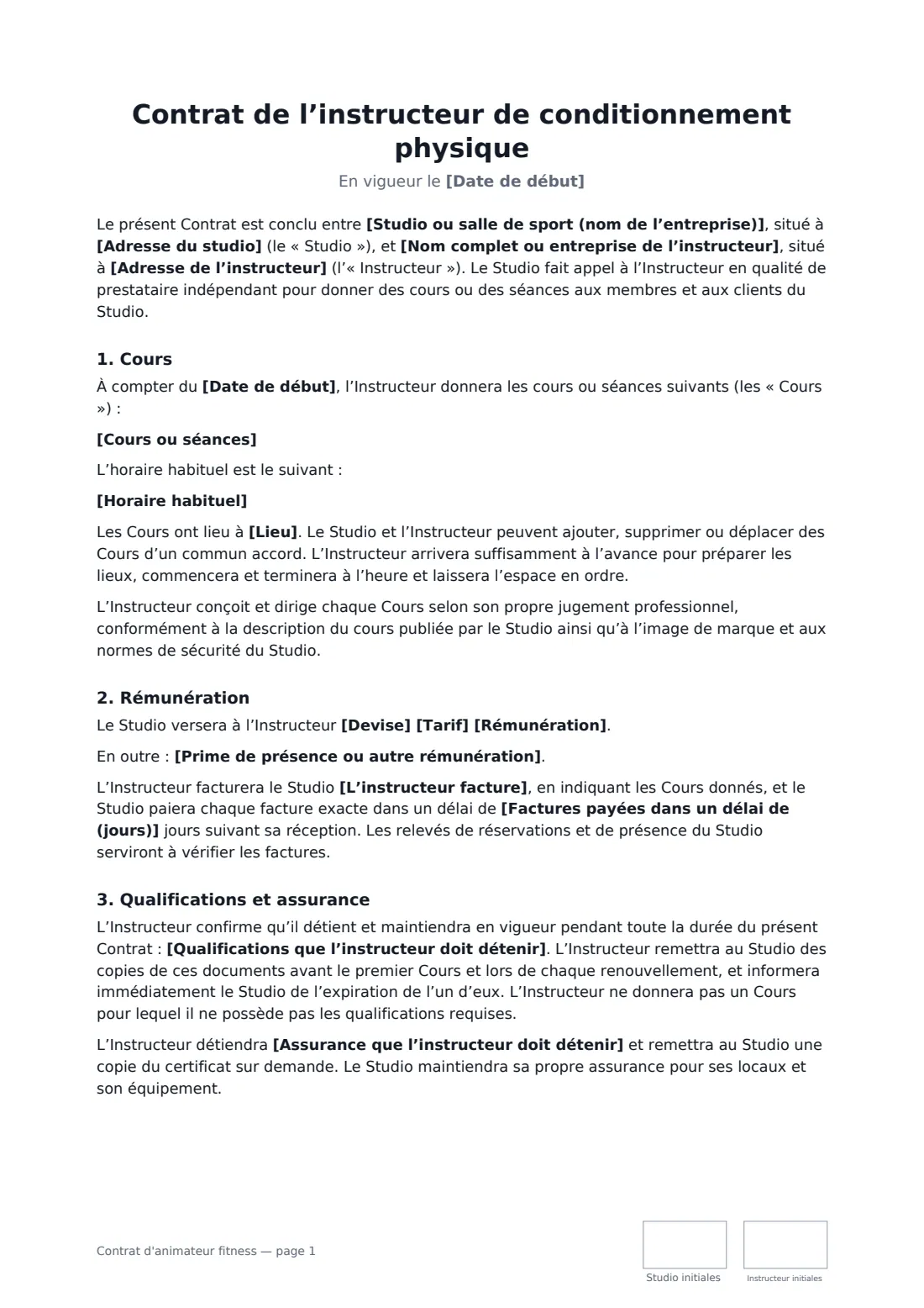 Contrat d'animateur fitness — page 1 sur 3